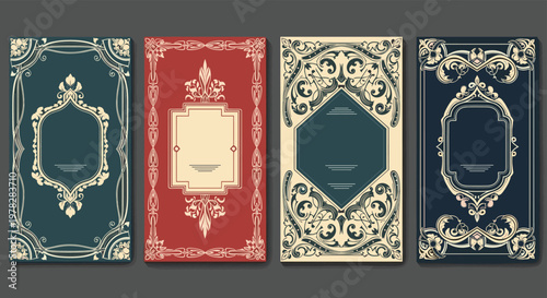 Set of four elegant vintage card templates featuring ornate decorative borders and classic intricate filigree designs.