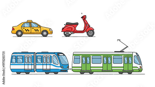 Urban Mobility: A collection of various vehicles for urban transportation, showcasing the diverse modes of travel in a city environment.