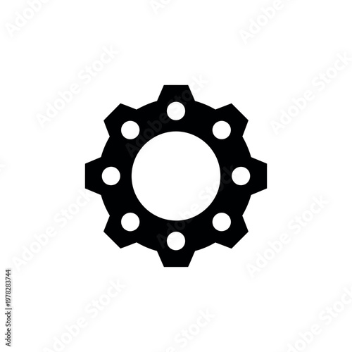 A black mechanical gear with evenly spaced teeth and mounting holes
