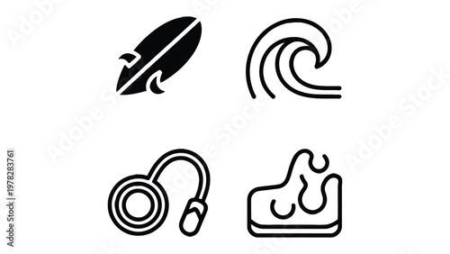 Surf's Up Icon Set: A collection of simple, black and white icons that encapsulates the thrill of surfing, waves and the freedom of the ocean. The set features a surfboard, a wave.