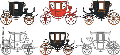 Vintage carriage vector set featuring classic horse drawn coaches in outline, colored and detailed styles isolated transport illustration collection