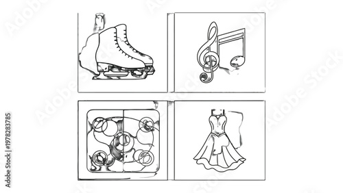 Artistic Passion: The image showcases artistic passions, each tile tells a unique story of ice skating, musical notes, and dance dresses. A world of artistic hobbies. 