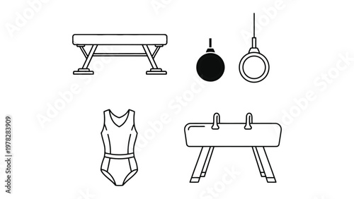 Gymnastic Equipment Illustration: A stylized illustration showcases essential gymnastics apparatus, perfect for showcasing the sport's tools, training, and competition. 