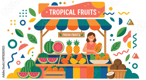 Tropical fruits market stall with friendly seller and fresh produce. Display of watermelons, pineapples, mangoes, papayas, coconuts. Healthy, delicious, and juicy fruits for summer consumption.