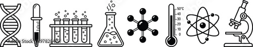 Science vector icons set, lab equipment illustration, chemistry icon and research symbol collection