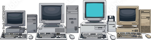 Vintage computer vector set featuring retro desktop PCs with monitors, keyboards and system units isolated technology illustration collection