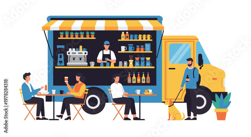 Modern coffee food truck scene with customers enjoying drinks at outdoor tables in a friendly and social urban atmosphere.