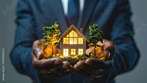 African American Businessman Holding Illuminated Miniature House with Small Trees and Blue Suit Against Gray Background