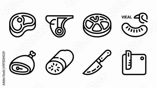Cow and Veal Meat Products Thin Line Icon Set  Butcher Cuts and Fresh Meat Outline Collection, Editable Stroke, Pixel Perfect