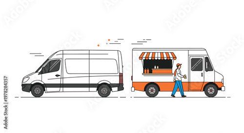 Vector illustration featuring a white commercial delivery van and an orange food truck on a clean and simple background.