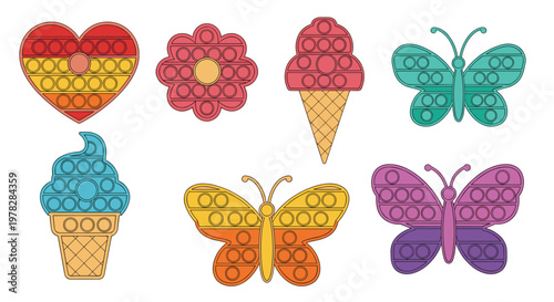 Assortment of colorful pop-it fidget toys in various popular shapes like hearts, butterflies, and sweet ice cream cones.