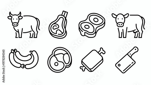 Cow and Veal Meat Products Thin Line Icon Set  Butcher Cuts and Fresh Meat Outline Collection, Editable Stroke, Pixel Perfect