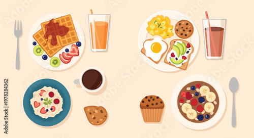 Flat lay illustration of various healthy breakfast plates including waffles with fruit, fried eggs, and cereal bowls.