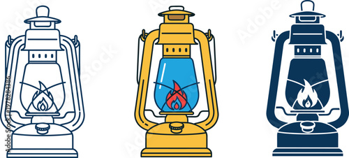 Vintage kerosene lantern vector set featuring classic oil lamp designs in outline, colored and silhouette styles isolated illustration