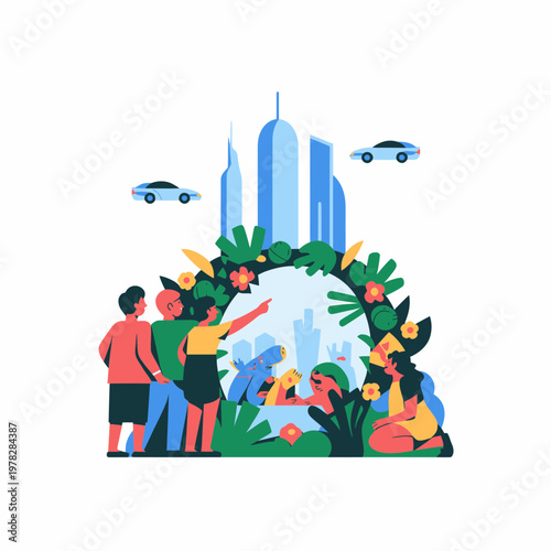 Group of people enjoying urban garden with cityscape background and self driving cars