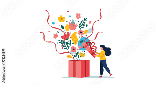 Illustration of a woman opening a gift box from which vibrant flowers and colorful ribbons are bursting out in celebration.