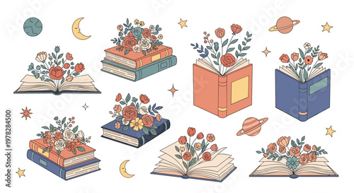 Whimsical illustrations of books with colorful flowers and plants growing from their pages under night stars and moons.