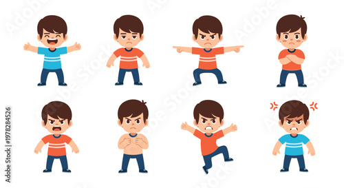 Character set of a young boy in various poses displaying different levels of anger, frustration, and upset emotions.