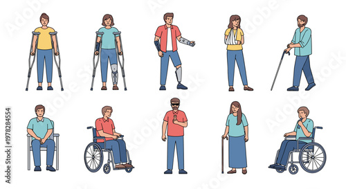 Diverse group of people with physical disabilities using wheelchairs and crutches shown in various standing and sitting poses.