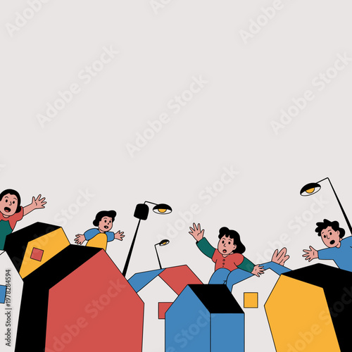 Cartoon children jumping out of colorful houses with streetlights on a light background conveying joy and freedom in a playful neighborhood scene