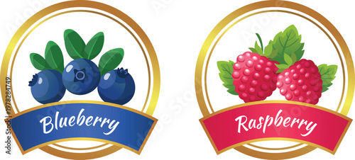 A pair of blueberries and raspberries with their leaves on a white background