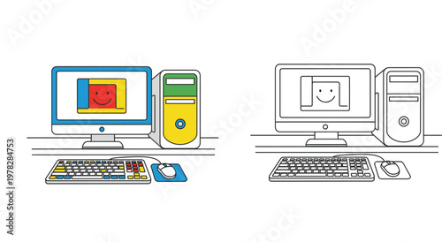Desktop computer set vector illustration with colored and line art versions for kids education coloring book page and technology concept