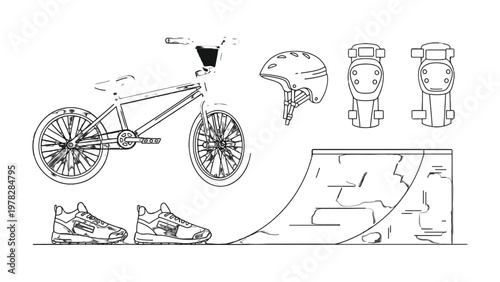 BMX Bike and Gear Line Art: A stylized illustration depicting a BMX bike, protective gear including a helmet and pads, stylish sneakers, and a half-pipe ramp.