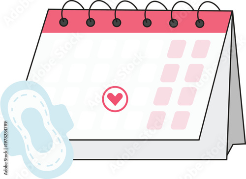 Vector illustration of a menstrual cycle tracking calendar with a sanitary pad icon. The design features a desk calendar with highlighted dates and a heart symbol, representing period tracking.