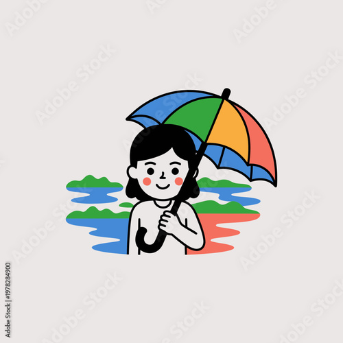 A cheerful cartoon girl holding a colorful umbrella on a rainy day with puddles and raindrops around her