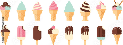 Colorful Ice Cream Vector Set Featuring Soft Serve Cones Popsicles Scoops And Chocolate Dipped Bars For Summer Refreshment Dessert Menu And Party Graphic Designs