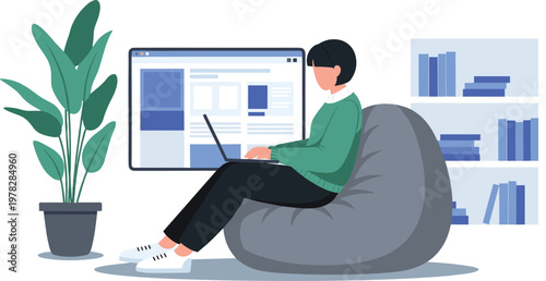 Flat vector illustration of a young person sitting on a bean bag chair while working on a laptop in a modern room.