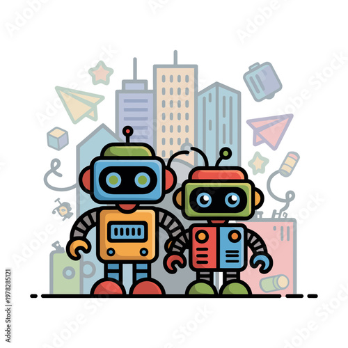 Two colorful robots standing in front of a city skyline with floating icons and symbols around them