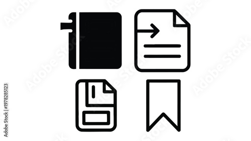 Digital Document Icons: A set of digital document icons represents essential functions such as saving, exporting, and bookmarking. Suitable for interface, digital space.
