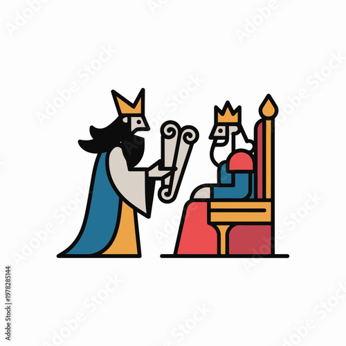 Two regal kings wearing crowns one presenting a scroll to the other sitting on a throne royalty and power concept