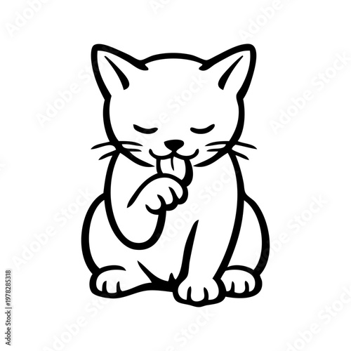 Dibujo minimalista con líneas de un gato visto de frente sentado y acicalándose. Un gato se limpia la pata delantera con la lengua fuera