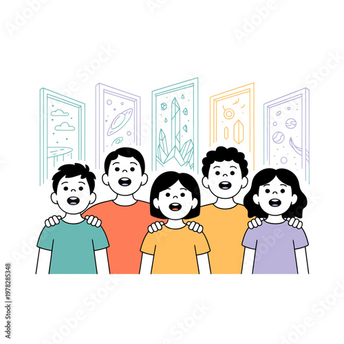 Diverse group of five friends standing together with arms around each other in colorful t shirts