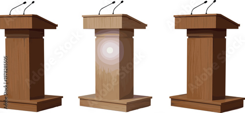 Wooden podium tribune vector set with microphones for speech, conference lectern stands isolated on white background presentation illustration