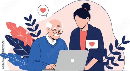 Flat vector illustration of a young woman helping an elderly man use a laptop with heart icons representing care and connection.