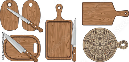 Wooden cutting boards and kitchen knives set with engraved textures, cooking utensils collection isolated on white background illustration