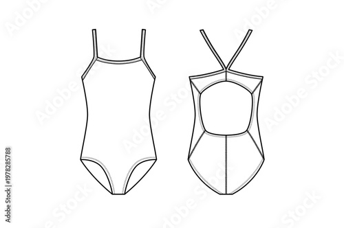 Strappy One Piece Swimsuit Flat Sketch, Women Swimwear Technical Drawing, Open Back Cut Out Design Vector, Front Back View