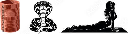 Yoga pose silhouette with cobra snake and meditation mat, spiritual practice symbols vector illustration set isolated background