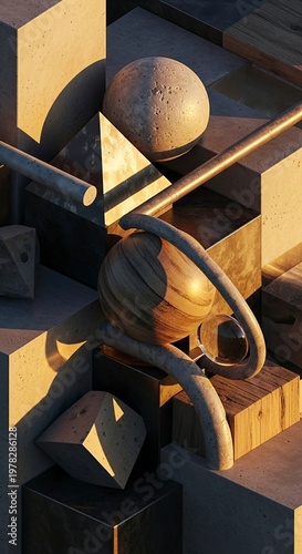 Abstract geometric shapes and forms with golden light.