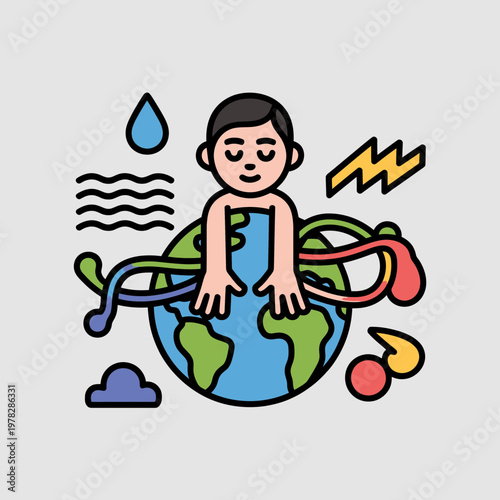A cartoon boy embracing the earth with colorful tubes and climate change symbols around him representing global warming and environmental issues in a whimsical style
