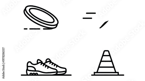 Dynamic Game Elements: A set of active sports and game-related icons. Showcasing a frisbee, trail marks, running shoes, and a traffic cone, which collectively evoke action and motion.