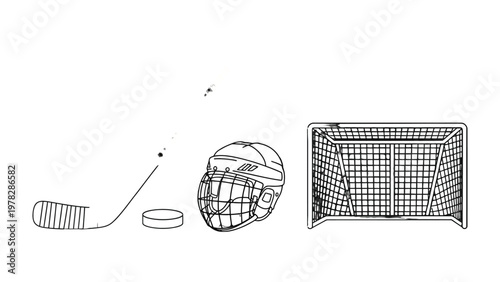 Hockey Gear Essentials: A minimalist monochrome depiction of essential hockey equipment, highlighting the sport's core elements: stick, puck, helmet, and goal.