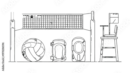 Volleyball Equipment: A detailed black and white sketch showcases essential volleyball gear, ready for action. The scene depicts a volleyball, net, referee stand, and related equipment.