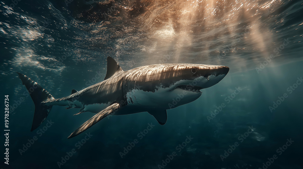 Naklejka premium Shark under sunlight rays underwater.