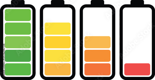 Battery level, illustration, visual representation of battery levels decreasing from full to empty showing charge states and energy usage for device UI and icon design.