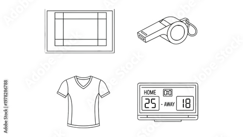 Sports Essentials: A quartet of iconic sports symbols includes a court, whistle, uniform and scoreboard, perfectly poised, ready to capture the dynamism and essence of competitive sports.