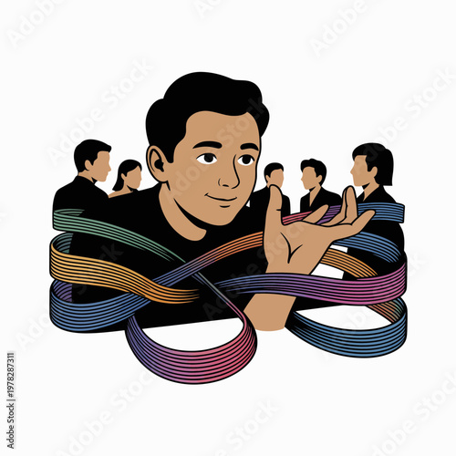 Man with multiple people behind him and colorful ribbons symbolizing communication and connection in a modern social setting with technology